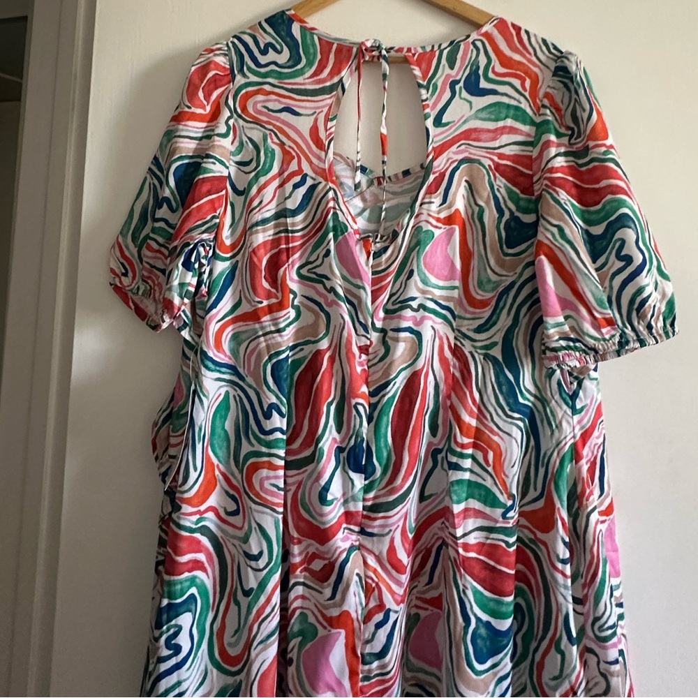 NWT June + Vie Printed Watercolor Marble Multicolor Hi-Low Ruffle Midi Dress - Picture 9 of 11